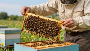 A bustling beehive scene depicting a beekeeper in a professional, modest outfit carefully preparing a colony for the