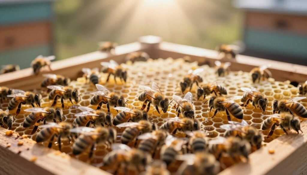 A busy scene depicting package bees actively building honeycomb inside a well-lit hive. In the foreground, a cluster of bees is seen working on hexagonal wax cells, showcasing their teamwork and diligence. The middle ground features the intricate structure of the honeycomb, partly filled with golden honey, reflecting the light. In the background, soft rays of sunlight stream through the hive entrance, creating a warm and inviting atmosphere. Use a soft focus on the bees to highlight their detailing, while maintaining clarity on the honeycomb. Capture this from a low angle, emphasizing the scale of the hive and the industrious nature of the bees. The mood should convey harmony and productivity in a natural setting. A busy scene depicting package bees actively building honeycomb inside a well-lit hive. In the foreground, a cluster of bees is seen working on hexagonal wax cells, showcasing their teamwork and diligence. The middle ground features the intricate structure of the honeycomb, partly filled with golden honey, reflecting the light. In the background, soft rays of sunlight stream through the hive entrance, creating a warm and inviting atmosphere. Use a soft focus on the bees to highlight their detailing, while maintaining clarity on the honeycomb. Capture this from a low angle, emphasizing the scale of the hive and the industrious nature of the bees. The mood should convey harmony and productivity in a natural setting.
