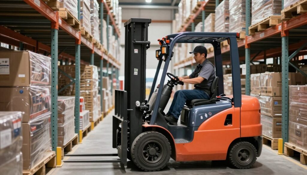A busy warehouse environment showcasing a small forklift expertly maneuvering through narrow aisles filled with stacked pallets. The foreground features a skilled operator in professional attire, concentrating on guiding the forklift with precision. The middle ground reveals the tight spatial constraints, emphasizing how the forklift navigates between two rows of pallets stacked at varying heights. In the background, shelves are stocked with goods, creating a sense of depth. The lighting is bright and industrial, casting sharp shadows to accentuate the forklift's sleek design and agility. The overall atmosphere conveys efficiency and professionalism, emphasizing the importance of maneuverability in tight spaces.
