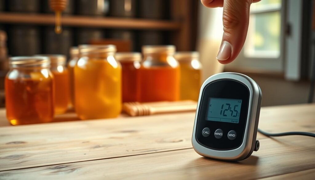 A calibration hygrometer prominently displayed on a wooden table, showcasing its sleek, modern design with a clear, easy-to-read digital display. In the foreground, a hand is gently adjusting the calibration knob, symbolizing precision and attention to detail. The middle ground features a backdrop of jars filled with honey and honeycombs, emphasizing the article's focus on humidity levels during honey processing. Soft, natural lighting filters through a nearby window, casting warm highlights on the hygrometer and surroundings. The atmosphere is calm and professional, evoking a sense of importance in achieving consistent readings. The image is taken from a slightly elevated angle, focusing on the hygrometer while maintaining the context of the honey processing environment.
