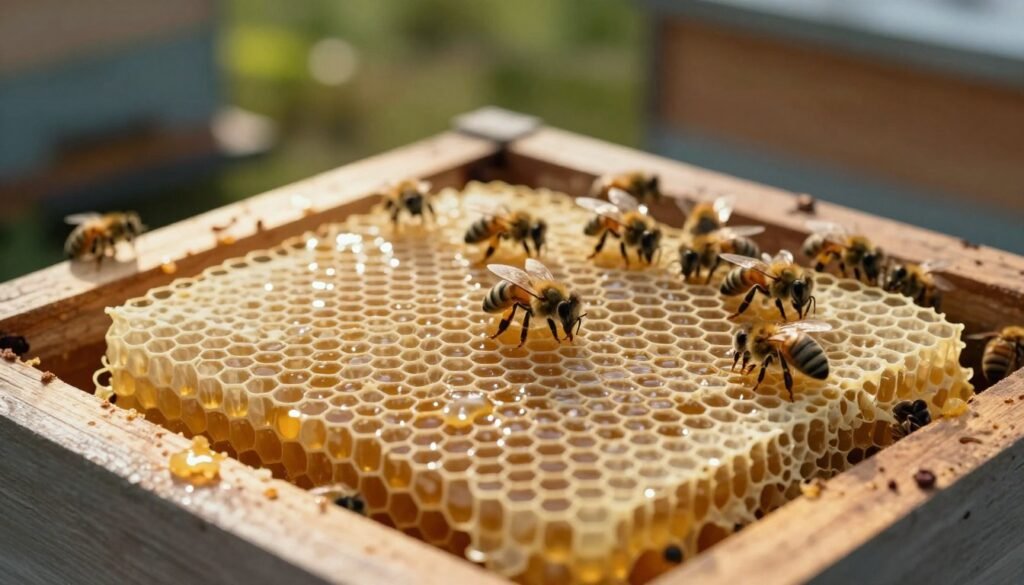 A captivating close-up of a natural honeycomb structure within a top bar hive, showcasing the intricate engineering principles of comb construction. In the foreground, detailed hexagonal cells glisten with golden honey, reflecting ambient sunlight that streams softly from a nearby opening. The middle ground reveals bees diligently working, their focused expressions highlighting the harmony of nature and engineering. In the background, the subtle silhouette of the hive frames the scene, adorned with organic materials that blend with the surrounding environment. The lighting is warm and inviting, creating a sense of tranquility and industriousness, while a shallow depth of field emphasizes the delicacy of the comb structure. The overall atmosphere is serene yet vibrant, evoking the beauty of natural engineering.