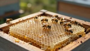 A captivating close-up of a natural honeycomb structure within a top bar hive, showcasing the intricate engineering