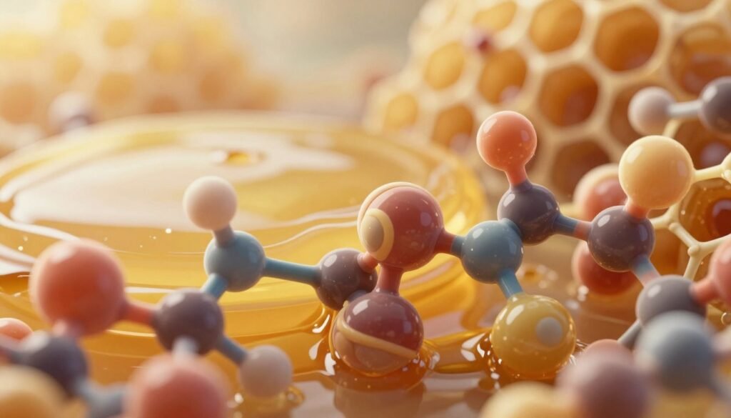 A captivating close-up of natural enzymes depicted as vibrant, colorful molecules interacting in a rich, golden honey environment. The foreground features intricately detailed enzyme structures, showcasing their dynamic shapes and swirling patterns, with soft illumination highlighting their unique forms. In the middle ground, a smooth, translucent layer of honey glistens under warm, natural lighting, creating a soothing, organic feel. The background gradually fades into a blurred, abstract representation of honeycomb patterns, enhancing the sense of depth and complexity. The atmosphere is calm and scientific, inviting curiosity about the biochemical processes at play. The image should have a clean, professional aesthetic, devoid of any text or distractions.
