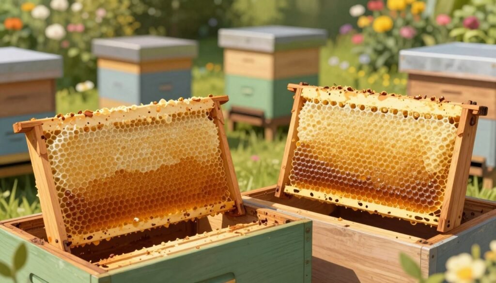 A captivating comparison illustration of deep frames and medium frames used in beehive brood nests. In the foreground, display two distinctly designed brood frames: a deep frame filled with vibrant brood and honey, contrasting with a medium frame exhibiting a similar but more compact section. In the middle, position a serene apiary scene with multiple beehives, emphasizing the different heights of the frames. The background should feature a blurred garden with blooming flowers, subtly enhancing the atmosphere of a thriving hive environment. Use natural sunlight to illuminate the scene, creating soft shadows that add depth. Capture the image from a slightly elevated angle to give an overview of the frames while keeping the focus on their structural differences. The overall mood should be informative and inviting, ideal for educational purposes.