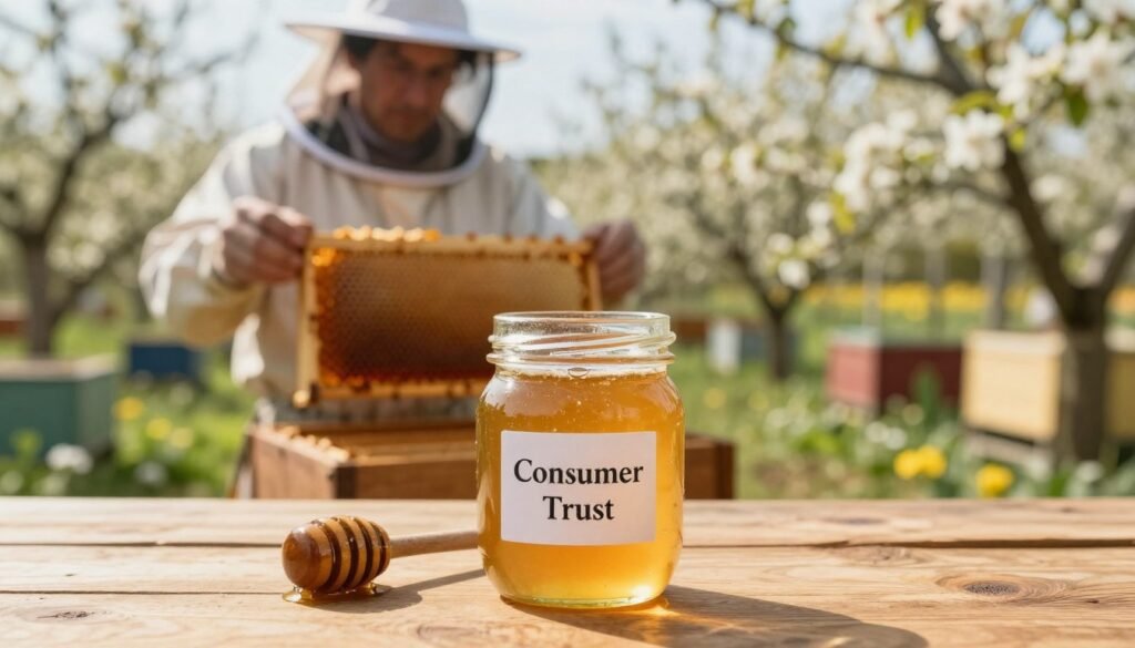 A captivating scene showcasing the concept of consumer trust through provenance, centered around a honey jar on a wooden table in the foreground. The jar, elegantly designed with a clear label indicating its origin, contains golden honey and is accompanied by a rustic honey dipper. In the middle ground, a beekeeper in professional attire examines a honeycomb frame, reflecting dedication and transparency in their craft. The background features a sunlit apiary with blooming flowers, implying a natural and sustainable environment. Soft, warm lighting enhances the inviting ambiance while creating a sense of authenticity. The overall mood is one of trustworthiness and connection, emphasizing the importance of provenance in consumer choices.