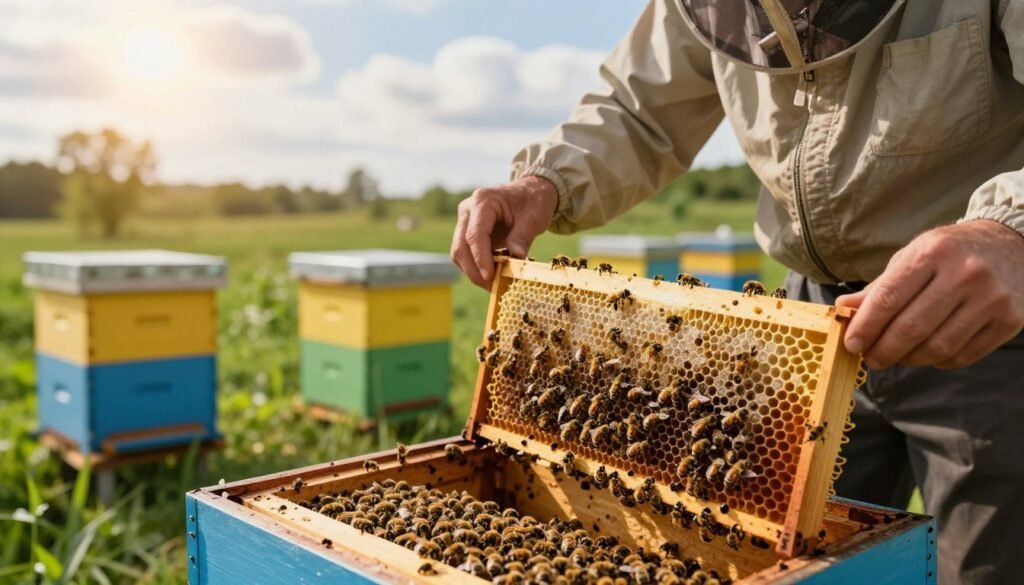 A carefully organized beehive in a tranquil apiary setting, showcasing a beekeeper in modest casual clothing, inspecting frames filled with healthy bees. In the foreground, depict a close-up of the beekeeper gently handling a frame with vibrant honeycomb, emphasizing the intricate patterns of the bees’ work. The middle ground features several hives, their vibrant colors contrasting with the lush greenery surrounding them, symbolizing a thriving ecosystem. The background captures a sunlit sky with a few fluffy clouds, casting soft golden light that enhances the peaceful atmosphere. The mood is serene yet focused, conveying the importance of diligent care in beekeeping, especially during challenging times. A shallow depth of field keeps attention on the bees and beekeeper, creating an intimate connection with nature.
