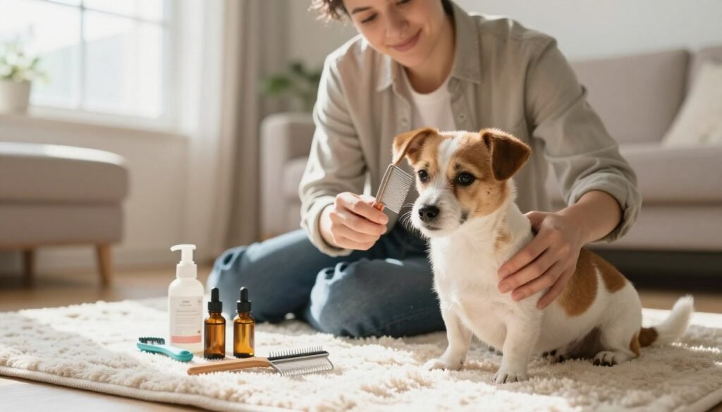 A caring pet owner, dressed in casual but tidy clothing, gently examining a small dog in a well-lit living room, showcasing a cozy and safe environment. The foreground features the dog sitting on a soft, clean blanket, appearing relaxed and healthy, while the owner uses a fine-toothed comb tailored for mite removal. In the middle, a few pet grooming tools and natural mite-repellent products, such as essential oils, are artistically arranged to emphasize the protective theme. The background includes a bright window with sunlight streaming in, illuminating the scene, creating an atmosphere of warmth and safety. The composition should have a slightly soft focus for a warm, inviting feel, with attention to natural colors that enhance the sense of care and attention to pet wellbeing. A caring pet owner, dressed in casual but tidy clothing, gently examining a small dog in a well-lit living room, showcasing a cozy and safe environment. The foreground features the dog sitting on a soft, clean blanket, appearing relaxed and healthy, while the owner uses a fine-toothed comb tailored for mite removal. In the middle, a few pet grooming tools and natural mite-repellent products, such as essential oils, are artistically arranged to emphasize the protective theme. The background includes a bright window with sunlight streaming in, illuminating the scene, creating an atmosphere of warmth and safety. The composition should have a slightly soft focus for a warm, inviting feel, with attention to natural colors that enhance the sense of care and attention to pet wellbeing.