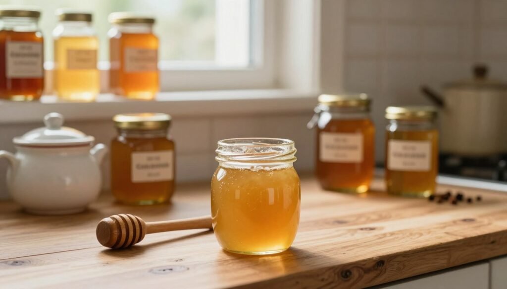 A charming kitchen scene showcasing best practices for storing creamed honey. In the foreground, an elegant glass jar filled with smooth, creamy honey sits on a rustic wooden countertop, with a wooden honey dipper beside it. In the middle ground, various storage containers—such as ceramic pots and tightly sealed glass jars—display different ways to keep honey fresh, emphasizing labels for each method. The background features soft natural lighting filtering through a window, illuminating shelves lined with various honey-infused products, herbs, and spices. The overall mood is warm and inviting, highlighting the importance of proper storage techniques with a cozy, homey atmosphere. Use a shallow depth of field to accentuate the honey jar while softly blurring the background.