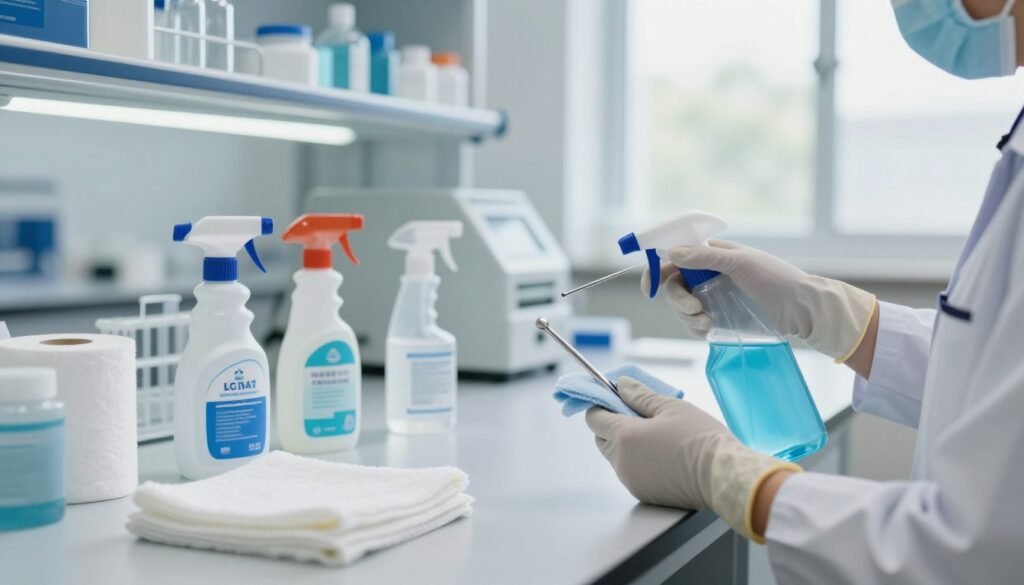 A clean and bright laboratory setting showcasing effective cleaning methods for reusable materials. In the foreground, a professional wearing protective gloves meticulously sanitizes a reusable inspection tool with a spray bottle and cloth, emphasizing precision and care. The middle ground features neatly organized cleaning supplies, including disinfectant sprays, wipes, and a neatly arranged towel roll. In the background, shelves stocked with sanitized equipment and an illuminated workspace enhance the atmosphere of cleanliness and efficiency. The scene is well-lit with soft, natural daylight filtering through a window, creating a calm and focused mood. Use a wide-angle lens to capture the entire setup, ensuring clarity and depth in the composition. A clean and bright laboratory setting showcasing effective cleaning methods for reusable materials. In the foreground, a professional wearing protective gloves meticulously sanitizes a reusable inspection tool with a spray bottle and cloth, emphasizing precision and care. The middle ground features neatly organized cleaning supplies, including disinfectant sprays, wipes, and a neatly arranged towel roll. In the background, shelves stocked with sanitized equipment and an illuminated workspace enhance the atmosphere of cleanliness and efficiency. The scene is well-lit with soft, natural daylight filtering through a window, creating a calm and focused mood. Use a wide-angle lens to capture the entire setup, ensuring clarity and depth in the composition.