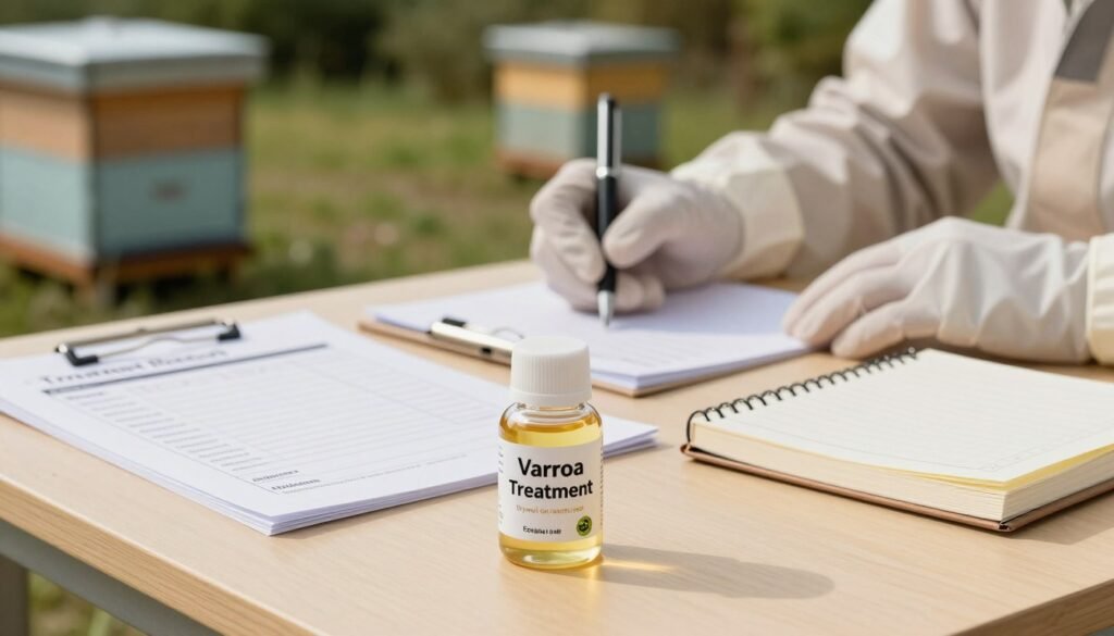 A clean and detailed flat lay image showcasing a Varroa treatment product prominently displayed in the foreground. The product, a small jar or bottle labeled "Varroa Treatment," features a clear design depicting the active ingredient, such as thymol or oxalic acid. Surrounding the product, include essential items like a treatment record sheet, a pen, and a beekeeping journal, all neatly arranged. In the middle ground, a pair of gloved hands can be seen jotting down notes on the treatment record sheet, emphasizing the practical use of the product. The background features a softly blurred apiary or beekeeping environment with hives, capturing a serene outdoor atmosphere. Natural lighting illuminates the scene, creating a warm, inviting mood that conveys careful attention to beekeeping practices. A clean and detailed flat lay image showcasing a Varroa treatment product prominently displayed in the foreground. The product, a small jar or bottle labeled "Varroa Treatment," features a clear design depicting the active ingredient, such as thymol or oxalic acid. Surrounding the product, include essential items like a treatment record sheet, a pen, and a beekeeping journal, all neatly arranged. In the middle ground, a pair of gloved hands can be seen jotting down notes on the treatment record sheet, emphasizing the practical use of the product. The background features a softly blurred apiary or beekeeping environment with hives, capturing a serene outdoor atmosphere. Natural lighting illuminates the scene, creating a warm, inviting mood that conveys careful attention to beekeeping practices.