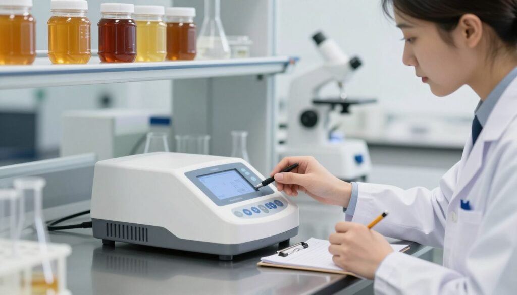 A clean and modern laboratory setting featuring an essential moisture measurement device, such as a water activity meter, prominently displayed on a sleek, stainless steel countertop. In the foreground, a professional in business attire, focused and diligent, is calibrating the instrument, with a notepad and pencil positioned nearby for taking notes. The background features shelves with various scientific equipment and transparent containers of honey showcasing different moisture levels. Soft, diffused lighting illuminates the scene, creating a bright and sterile atmosphere, while a shallow depth of field draws attention to the moisture meter and the technician’s attentive expression. The overall mood is one of precision and professionalism, illustrating the importance of selecting the right instrumentation in food science. A clean and modern laboratory setting featuring an essential moisture measurement device, such as a water activity meter, prominently displayed on a sleek, stainless steel countertop. In the foreground, a professional in business attire, focused and diligent, is calibrating the instrument, with a notepad and pencil positioned nearby for taking notes. The background features shelves with various scientific equipment and transparent containers of honey showcasing different moisture levels. Soft, diffused lighting illuminates the scene, creating a bright and sterile atmosphere, while a shallow depth of field draws attention to the moisture meter and the technician’s attentive expression. The overall mood is one of precision and professionalism, illustrating the importance of selecting the right instrumentation in food science.