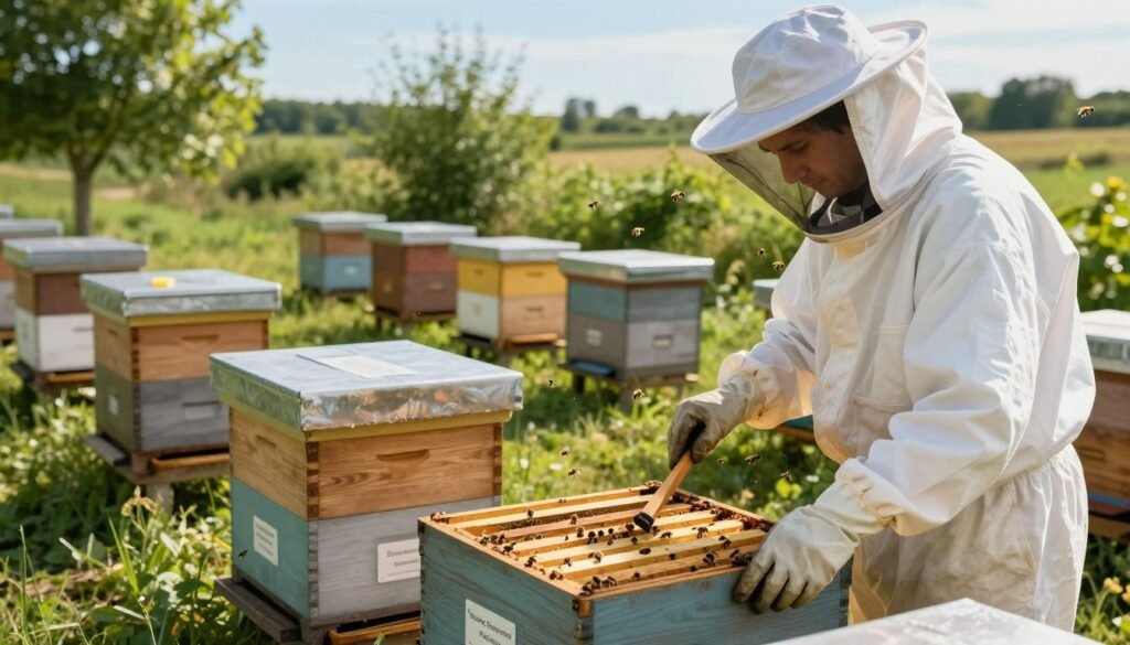 A clean and organized apiary showcasing best hygiene practices, foreground featuring a beekeeper in a white protective suit and gloves, meticulously inspecting a hive with a hive tool. In the middle ground, several well-maintained beehives are arranged on a grassy area, with clearly visible cleanliness markers like labels for each hive. Bees are gently buzzing around. The background contains lush greenery and a clear blue sky, emphasizing a healthy environment. The scene is illuminated by warm, natural sunlight, casting soft shadows, creating an inviting and peaceful atmosphere. The angle is slightly elevated, providing a comprehensive view of the apiary, highlighting both the hives and the beekeeper's focused efforts on hygiene.