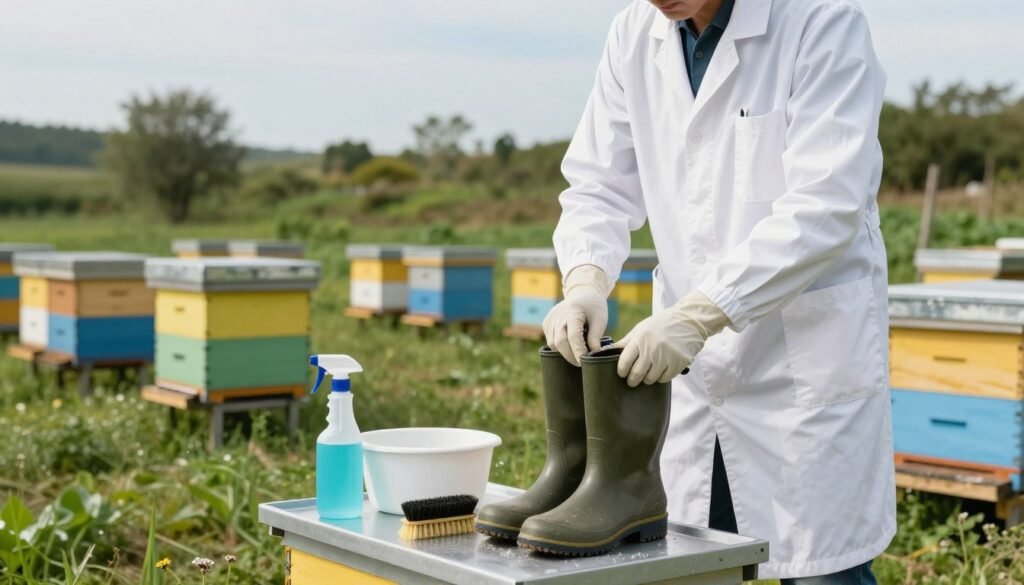 A clean and organized apiary yard featuring a professional wearing a lab coat and gloves, actively disinfecting sturdy rubber boots. In the foreground, the boots rest on a designated cleaning station with brushes, disinfectant sprays, and water basins. The middle ground showcases a vibrant apiary with hives surrounded by greenery, hinting at the importance of biosecurity measures. The background reveals a clear sky and distant trees, symbolizing the outdoor environment of the apiary. Soft, natural lighting highlights the cleanliness of the scene, while the angle is slightly elevated to provide a comprehensive view of the cleaning process. The mood is focused and serious, emphasizing the importance of boot cleaning in maintaining a healthy apiary. A clean and organized apiary yard featuring a professional wearing a lab coat and gloves, actively disinfecting sturdy rubber boots. In the foreground, the boots rest on a designated cleaning station with brushes, disinfectant sprays, and water basins. The middle ground showcases a vibrant apiary with hives surrounded by greenery, hinting at the importance of biosecurity measures. The background reveals a clear sky and distant trees, symbolizing the outdoor environment of the apiary. Soft, natural lighting highlights the cleanliness of the scene, while the angle is slightly elevated to provide a comprehensive view of the cleaning process. The mood is focused and serious, emphasizing the importance of boot cleaning in maintaining a healthy apiary.