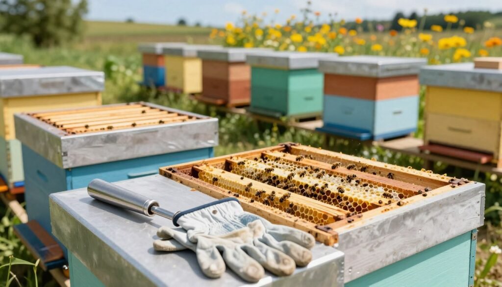 A clean and organized beehive setup in a bright, well-lit apiary during the day. In the foreground, a stainless steel hive tool and a pair of well-maintained gloves rest on a sanitized work surface beside a neatly arranged array of hive equipment, including frames and a bee smoker. The middle ground features open beehive boxes, revealing healthy honeycomb with bees actively tending to their larvae. In the background, a healthy colony thrives within a colorful, well-maintained hive, surrounded by vibrant wildflowers and a clear blue sky. The scene conveys a mood of diligence and care in maintaining hive hygiene, highlighting the importance of cleanliness in beekeeping practices. Capture this from a slightly elevated angle to emphasize the neatness and order of the apiary. Natural sunlight creates a warm and inviting atmosphere, enhancing the serene outdoor setting.