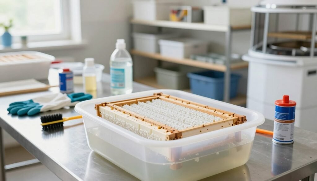 A clean and organized beekeeping workshop, focusing on a series of sanitizing frames in the foreground. The frames, made of bright white plastic and wooden components, are submerged in a large, clear basin filled with a sanitizing solution. Surrounding the basin, various beekeeping tools such as gloves, brushes, and smoke canisters are neatly arranged on a stainless steel workbench. In the middle, a partially blurred background reveals shelves filled with sanitized equipment, emphasizing a meticulous and professional atmosphere. The lighting is bright and natural, suggesting a sunny day coming through a window, highlighting the cleanliness of the space. The overall mood is one of diligence and safety, suitable for a process ensuring equipment is thoroughly decontaminated.