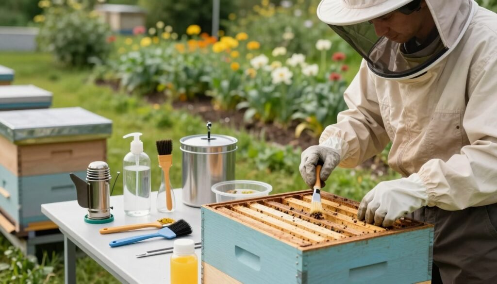 A clean and organized beekeeping workspace focused on sanitation and equipment hygiene. In the foreground, a beekeeper in professional attire carefully inspects hives using sanitized tools, such as gloves and a hive tool. In the middle, various sterilized beekeeping equipment—smokers, brushes, and hive tools—are neatly arranged on a table, emphasizing cleanliness. The background features a well-maintained apiary with vibrant green plants and flowering crops, signifying a healthy environment. Soft, natural lighting filters through, casting gentle shadows that enhance the atmosphere of diligence and care in beekeeping practices. The overall mood is one of professionalism and attention to detail, representing best practices in hive management and disease prevention strategies.