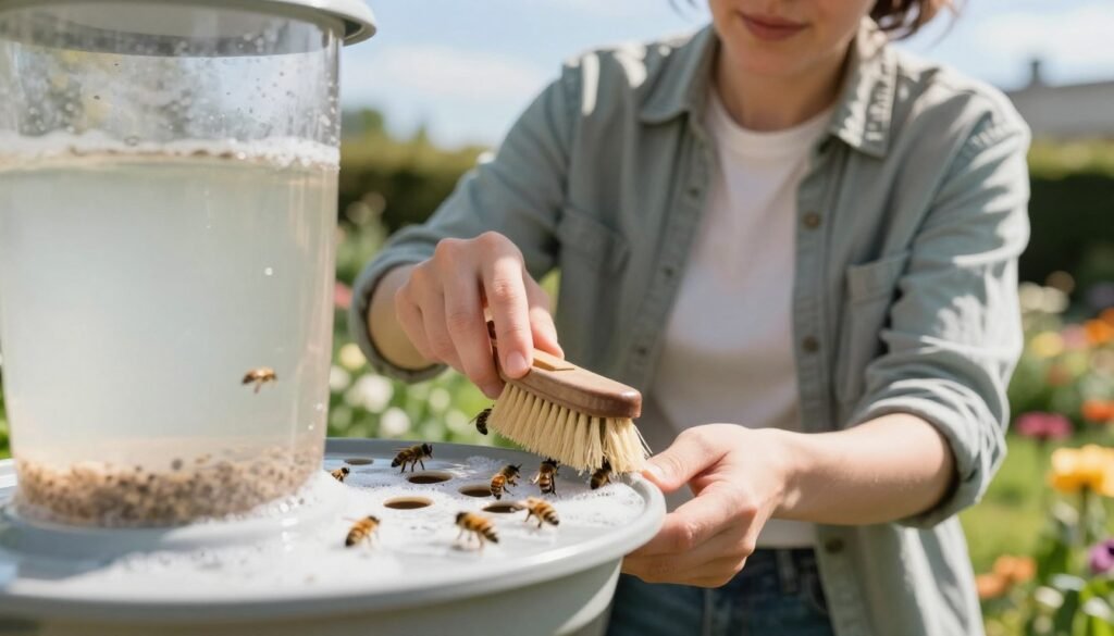 A clean and organized outdoor setting showcasing a person in modest casual clothing gently cleaning a bucket bee feeder. In the foreground, detailed close-up of the feeder filled with several small holes for bee access, with bee activity around it. The middle ground features the individual using a soft brush and soapy water, with a focused expression, showcasing the maintenance process. In the background, a sunny garden with blooming flowers and a blue sky adds a serene atmosphere. The lighting is bright and natural, highlighting the softness of the scene, with a slightly blurred bokeh effect to emphasize the task at hand. The image captures a sense of care and dedication to bee welfare.