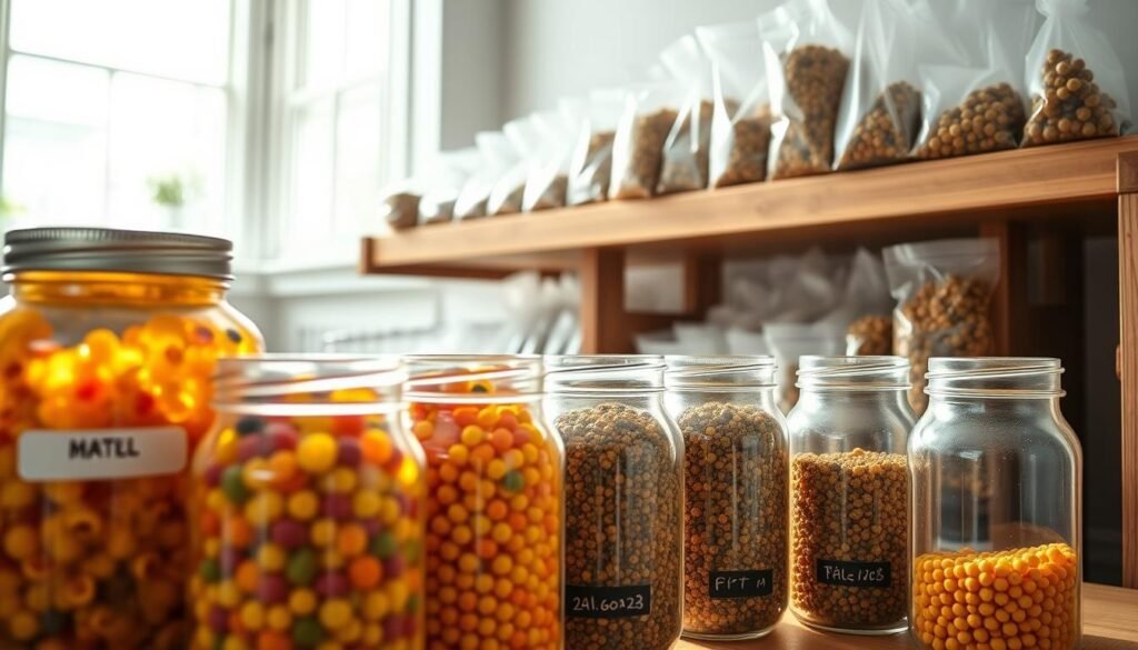 A clean and organized workspace featuring a long-term pollen storage system for hobby beekeepers. In the foreground, intricate glass jars filled with colorful, fresh pollen, each labeled with dates and types. The middle ground shows a wooden shelf lined with vacuum-sealed bags of pollen, neatly arranged, demonstrating preservation techniques. In the background, a softly lit room with a window allowing natural light to illuminate the scene, creating a warm atmosphere. Gentle reflections are cast on the glass jars, enhancing the feeling of order and care. Detailed textures on the wooden shelf suggest craftsmanship, while subtle shadows and highlights accentuate the jars and bags. The overall mood is serene and dedicated, illustrating a methodical approach to pollen storage.