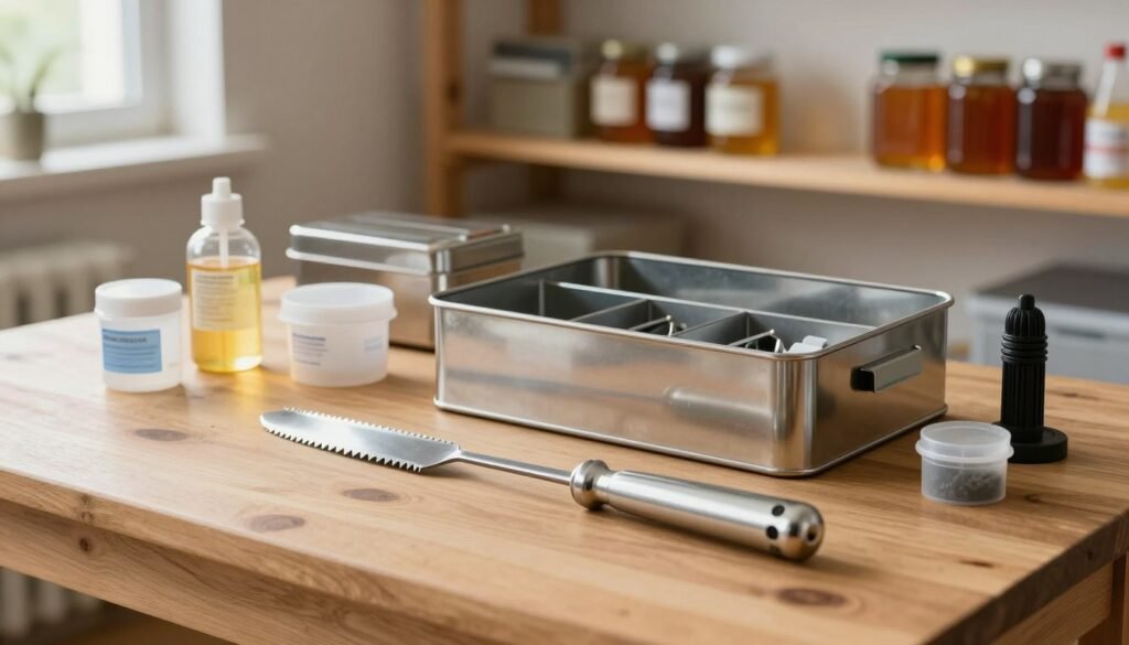 A clean and organized workspace featuring a proper storage hive tool. In the foreground, a sturdy wooden table holds a well-maintained hive tool, gleaming with a polished metal finish, showcasing details like its serrated edge and sturdy handle. Surrounding it are neatly arranged sterilized cleaning supplies, including a small container of bleach and a heat source for flame sterilization. The middle ground includes a stainless steel storage box with closed compartments specifically designed for beekeeping tools. The background shows a softly lit beekeeping workshop with wooden shelves and jars, filled with honey and various supplies, creating a warm and inviting atmosphere. Lighting should be natural and soft, coming from a nearby window, enhancing the cleanliness and professionalism of the storage environment.