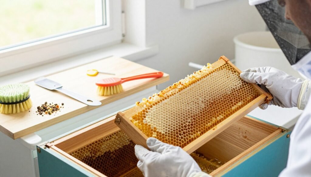 A clean and organized workspace featuring flow frames being carefully cleaned. In the foreground, a pair of hands wearing protective gloves holds a flow frame, showing honeycomb cells partially filled with propolis. The middle layer showcases various cleaning tools such as soft brushes and scrapers alongside a small container for collecting debris. In the background, a bright window allows natural light to flood the room, enhancing the clarity of colors and textures. The scene is calming and professional, with a focus on safety and effective technique. The composition is shot from a slightly elevated angle to capture the details of the cleaning process, creating an atmosphere of meticulous care and dedication to beekeeping practices.