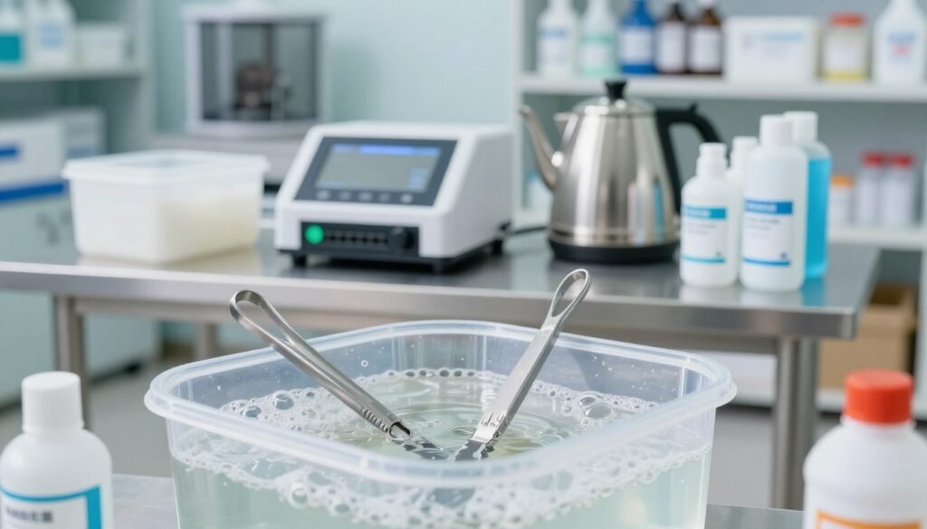 A clean and organized workspace featuring various hive tools undergoing sterilization. In the foreground, a pair of metal hive tools are immersed in a sterilizing solution within a clear container, bubbles rising to the surface, indicating the cleaning process. The middle layer shows a stainless steel table with additional equipment: a UV sterilizer and a hot water kettle, surrounded by neatly arranged, labeled containers with sanitizing agents. The background reveals shelves stocked with essential beekeeping supplies, softly out of focus to draw attention to the foreground. The lighting is bright and clinical, with a cool color palette to evoke a sense of cleanliness and professionalism, capturing the meticulous attention to hygiene required in beekeeping practices after disease outbreaks.