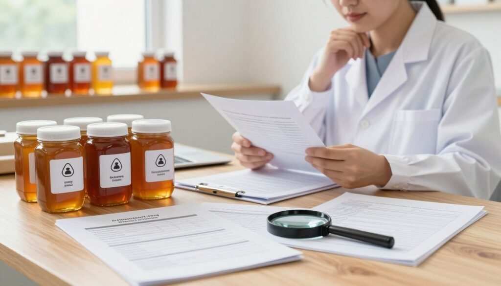 A clean and organized workspace focused on honey bottling compliance, featuring a detailed close-up of honey jars on a wooden table, labeled clearly with regulatory symbols and information. In the foreground, a well-organized array of official documents, compliance checklists, and a magnifying glass, showcasing a meticulous approach to labeling. The middle ground includes a professional looking person in a white lab coat, reviewing the documents with a thoughtful expression. The background features a bright, airy room with natural light streaming through large windows, illuminating a shelf with honey bottles and additional labeling materials. The mood is professional and focused, emphasizing attention to detail and regulatory adherence in honey bottling practices. The image is crisp and well-lit, captured from a slightly elevated angle to showcase all elements harmoniously.