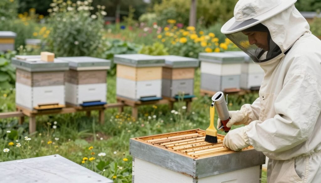 A clean and well-organized apiary, showcasing best practices for sanitation. In the foreground, a beekeeper in professional attire is inspecting a hive with a focus on cleaning tools and equipment like a smoker, hive tool, and brush. In the middle ground, several beehives stand in orderly rows, with visible signs of maintenance, such as fresh, clean boxes and properly sealed entrances. The background features a lush garden with wildflowers, reflecting a healthy ecosystem. The scene is illuminated by soft, natural daylight, casting gentle shadows that enhance the details. The atmosphere is calm and methodical, emphasizing the importance of sanitation in maintaining bee health. Overall, the image conveys a sterile yet vibrant environment conducive to effective apiary practices.