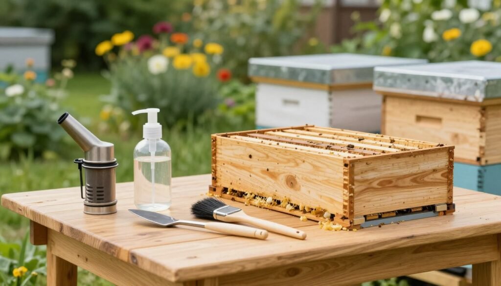 A clean and well-organized beekeeping workspace showcasing proper equipment sanitation. In the foreground, a wooden workbench is adorned with sanitized beekeeping tools, such as a smoker, hive tool, and brushes, all gleaming under soft, natural lighting. The middle ground features a row of hives, their surfaces meticulously cleaned and free of debris, illustrating maintenance. In the background, a lush garden with blooming flowers adds a vibrant contrast, emphasizing the health of the environment. The scene is bright, conveying a sense of cleanliness and diligence. A shallow depth of field blurs the background slightly, focusing attention on the tools and hives, evoking a professional and dedicated atmosphere in beekeeping practices.
