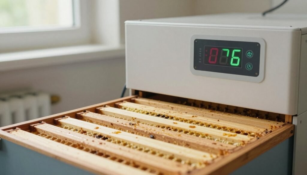A clean, freshly organized bee equipment workspace focusing on a temperature cleaning hive setup. In the foreground, a close-up of a wooden bee frame shows clearly defined cells and minimal propolis buildup, with a light sheen indicating recent cleaning. The middle ground features a modern, temperature-controlled cleaning unit, showcasing an LED display set to optimal settings for removing frame rest corrosion. In the background, bright natural light filters through a window, illuminating the entire workspace and creating a warm atmosphere filled with a sense of efficiency and cleanliness. The scene is shot from a slightly elevated angle, highlighting the layers of equipment while maintaining a professional and inviting mood. The image should be free of any text or logos.