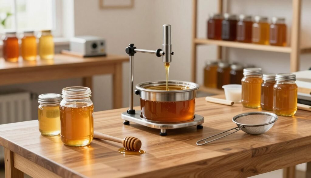 A clean, organized honey extraction workspace bathed in soft, warm natural light. In the foreground, a polished wooden table topped with gleaming glass jars, a honey extractor, and an assortment of tools like a honey dipper and a stainless steel strainer, all meticulously arranged. In the middle, a honey extractor sits prominently, showcasing its shiny metal components and honey-filled chambers. In the background, shelves lined with jars of golden honey and equipment are softly blurred to emphasize the workspace. The atmosphere feels inviting and professional, evoking a sense of care and attention to hygiene. The angle is slightly elevated, providing a clear view of the workspace's arrangement while highlighting the cleanliness and order of the environment. A clean, organized honey extraction workspace bathed in soft, warm natural light. In the foreground, a polished wooden table topped with gleaming glass jars, a honey extractor, and an assortment of tools like a honey dipper and a stainless steel strainer, all meticulously arranged. In the middle, a honey extractor sits prominently, showcasing its shiny metal components and honey-filled chambers. In the background, shelves lined with jars of golden honey and equipment are softly blurred to emphasize the workspace. The atmosphere feels inviting and professional, evoking a sense of care and attention to hygiene. The angle is slightly elevated, providing a clear view of the workspace's arrangement while highlighting the cleanliness and order of the environment.