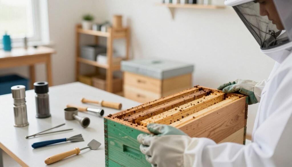 A clean, organized workspace showcasing the safe handling of second-hand beekeeping equipment. In the foreground, a pair of hands in protective gloves carefully examines a wooden beehive, which shows signs of previous use. The middle ground features an assortment of decontaminated tools, such as hive tools and smokers, all neatly arranged on a table. In the background, a bright, well-lit room with shelves containing more beekeeping supplies creates a workshop atmosphere. Soft, natural lighting emphasizes the cleanliness and safety of the setting. The mood exudes professionalism and diligence, signaling the importance of handling equipment safely to prevent disease transmission within beekeeping. A clean, organized workspace showcasing the safe handling of second-hand beekeeping equipment. In the foreground, a pair of hands in protective gloves carefully examines a wooden beehive, which shows signs of previous use. The middle ground features an assortment of decontaminated tools, such as hive tools and smokers, all neatly arranged on a table. In the background, a bright, well-lit room with shelves containing more beekeeping supplies creates a workshop atmosphere. Soft, natural lighting emphasizes the cleanliness and safety of the setting. The mood exudes professionalism and diligence, signaling the importance of handling equipment safely to prevent disease transmission within beekeeping.