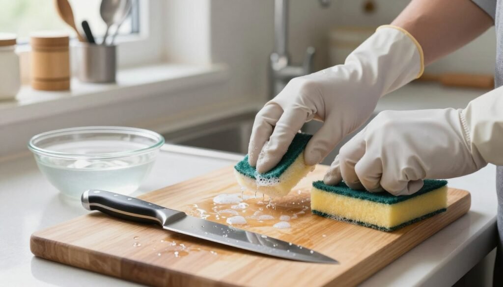 A clean, well-lit kitchen setting with a focus on an efficient cleaning process for an uncapping knife. In the foreground, an uncapping knife rests on a wooden cutting board, glistening with water droplets. Beside it, a small bowl filled with soapy water and a gentle sponge wait for use. In the middle, a pair of hands, depicted in professional kitchen gloves, carefully scrubbing the knife, showcasing proper technique. The background features kitchen tools neatly arranged on a shelf, providing a sense of organization. Soft, natural light filters in through a nearby window, creating an inviting atmosphere that underscores the importance of cleanliness and maintenance. The shot is taken at a slightly elevated angle to capture both the utensil and the cleaning action effectively. A clean, well-lit kitchen setting with a focus on an efficient cleaning process for an uncapping knife. In the foreground, an uncapping knife rests on a wooden cutting board, glistening with water droplets. Beside it, a small bowl filled with soapy water and a gentle sponge wait for use. In the middle, a pair of hands, depicted in professional kitchen gloves, carefully scrubbing the knife, showcasing proper technique. The background features kitchen tools neatly arranged on a shelf, providing a sense of organization. Soft, natural light filters in through a nearby window, creating an inviting atmosphere that underscores the importance of cleanliness and maintenance. The shot is taken at a slightly elevated angle to capture both the utensil and the cleaning action effectively.