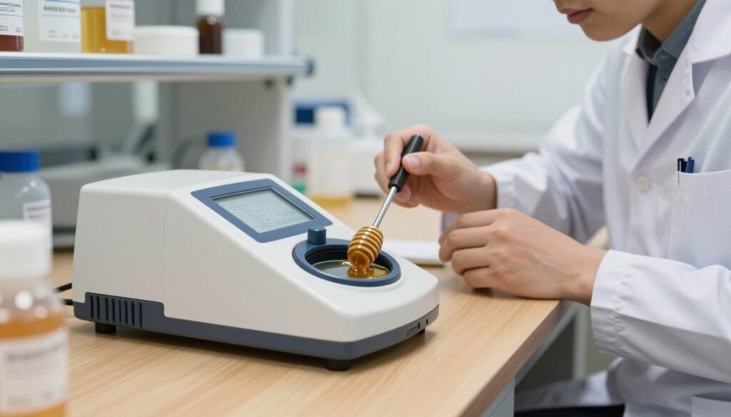 A clean, well-lit laboratory workspace featuring a honey refractometer on a sturdy wooden table. In the foreground, the refractometer is positioned prominently, displaying a clear measurement scale, with a few drops of honey on the lens to illustrate its use. The middle ground includes a technician in modest casual clothing, carefully calibrating the instrument, using a small screwdriver and calibration tools. The background is softly blurred to focus on the refractometer and the technician, with shelves filled with clean, labeled storage solutions for maintenance supplies. The atmosphere is bright and professional, with warm lighting that enhances the honey's golden color, conveying a sense of precision and care in instrument maintenance.