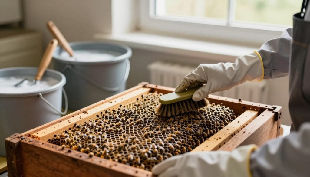 A clean, well-organized workspace focused on a queen excluder being meticulously cleaned. In the foreground, a person wearing professional attire, such as a long-sleeve shirt and gloves, scrubs the queen excluder with a soft brush, showcasing intricate details of the mesh and frame. In the middle ground, there are several tools for hive maintenance, like a hive tool and a bucket for soapy water. The background features a bright window with soft, natural light illuminating the workspace, creating a warm and focused atmosphere. The entire scene emphasizes cleanliness and precision, with a sense of dedication to bee health and management. The camera angle captures a slightly elevated view, giving a comprehensive glimpse of the tasks involved. A clean, well-organized workspace focused on a queen excluder being meticulously cleaned. In the foreground, a person wearing professional attire, such as a long-sleeve shirt and gloves, scrubs the queen excluder with a soft brush, showcasing intricate details of the mesh and frame. In the middle ground, there are several tools for hive maintenance, like a hive tool and a bucket for soapy water. The background features a bright window with soft, natural light illuminating the workspace, creating a warm and focused atmosphere. The entire scene emphasizes cleanliness and precision, with a sense of dedication to bee health and management. The camera angle captures a slightly elevated view, giving a comprehensive glimpse of the tasks involved.
