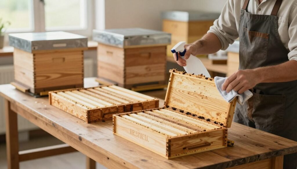 A clean, well-organized workspace is depicted with wooden frames and hive bodies prominently displayed on a sturdy wooden table. In the foreground, a person wearing a professional apron is carefully sanitizing several frames using a spray bottle and cloth, emphasizing attention to detail. The middle ground features rows of hive bodies, each with a natural wood finish, some stacked and others laid out flat, showcasing their clean surfaces. In the background, a large window allows soft, natural light to flood in, creating a warm and inviting atmosphere. The overall mood reflects diligence and readiness for reuse, with a subtle focus on hygiene and care for the beekeeping equipment. The image captures a moment of preparation, highlighting the importance of cleanliness in apiary management.
