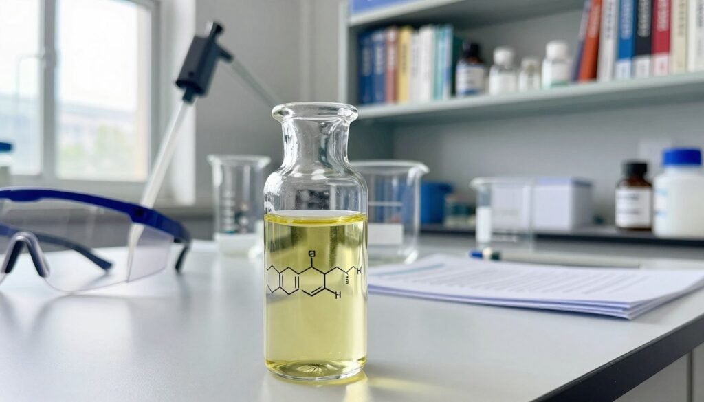 A clear and detailed laboratory scene focusing on a glass vial of formic acid in the foreground, reflecting the distilled yellowish color and chemical structure. In the middle ground, include lab equipment like pipettes, beakers, and safety goggles to illustrate a chemical workspace. The background features shelves neatly organized with scientific textbooks and research papers on bee management. Use bright, natural light coming through a window to create a clean, professional atmosphere. Capture the scene from a slight angle to add depth, evoking a sense of careful research. The mood should be one of diligence and precision, underscoring the importance of safe handling in a beekeeping context, while ensuring the image remains strictly Safe For Work. A clear and detailed laboratory scene focusing on a glass vial of formic acid in the foreground, reflecting the distilled yellowish color and chemical structure. In the middle ground, include lab equipment like pipettes, beakers, and safety goggles to illustrate a chemical workspace. The background features shelves neatly organized with scientific textbooks and research papers on bee management. Use bright, natural light coming through a window to create a clean, professional atmosphere. Capture the scene from a slight angle to add depth, evoking a sense of careful research. The mood should be one of diligence and precision, underscoring the importance of safe handling in a beekeeping context, while ensuring the image remains strictly Safe For Work.