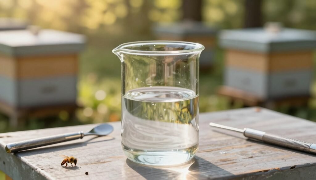 A clear glass beaker prominently displayed in the foreground, filled with a crystal-clear alcohol wash solution, surrounded by delicate tools for testing bee health. The background features a softly blurred apiary setting with beehives under dappled sunlight filtering through tree leaves, creating a serene and natural atmosphere. The lighting is warm and inviting, highlighting the reflective surfaces of the glass and tools. Utilize a shallow depth of field to focus on the beaker while the beehives appear softly out of focus. Capture this scene from a top-down angle, emphasizing the precision and care involved in selecting the right testing method for your apiary. Ensure the image conveys a professional and educational mood, suitable for an informative article.