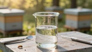 A clear glass beaker prominently displayed in the foreground, filled with a crystal-clear alcohol wash solution, surrounded
