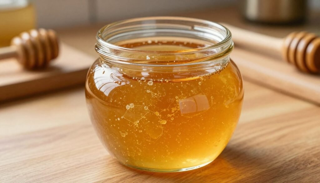 A clear glass container, elegantly shaped with a curved body and a wide mouth, sitting on a wooden kitchen countertop. The container is filled with golden crystallized honey, showcasing intricate patterns of the crystals against the smooth glass. Soft, natural overhead lighting creates gentle reflections and highlights on the surface of the glass, emphasizing its transparency and the rich colors of the honey. In the background, out-of-focus kitchen elements like a cutting board and honey dipper enhance the context without overwhelming the scene. The overall atmosphere should feel warm and inviting, evoking a sense of home cooking and care. The angle should be slightly above the container, capturing its details while maintaining a serene and organized appearance.