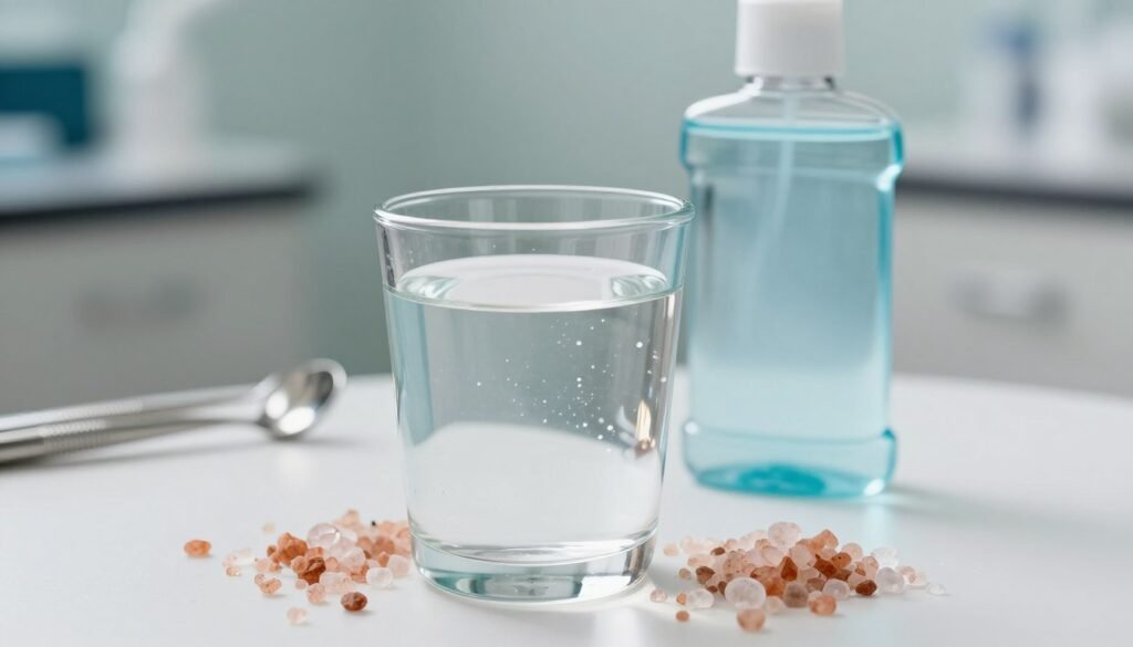 A clear glass cup filled with warm salt water sits prominently in the foreground, glistening under soft, natural lighting. In the middle ground, a dental rinse cup, slightly opaque, reflects the salt water, emphasizing the healing properties of the solution. Surrounding the cup are delicate sea salt crystals, artistically arranged, hinting at the soothing nature of the rinse. In the background, a blurred medical office environment is visible, with hints of dental tools and a calming, sterile ambiance. The overall mood is tranquil and healing, inviting the viewer to understand the importance of proper rinsing techniques for oral care. The image is crisp and focused, shot from a slightly elevated angle to capture all elements harmoniously without any text or distractions. A clear glass cup filled with warm salt water sits prominently in the foreground, glistening under soft, natural lighting. In the middle ground, a dental rinse cup, slightly opaque, reflects the salt water, emphasizing the healing properties of the solution. Surrounding the cup are delicate sea salt crystals, artistically arranged, hinting at the soothing nature of the rinse. In the background, a blurred medical office environment is visible, with hints of dental tools and a calming, sterile ambiance. The overall mood is tranquil and healing, inviting the viewer to understand the importance of proper rinsing techniques for oral care. The image is crisp and focused, shot from a slightly elevated angle to capture all elements harmoniously without any text or distractions.