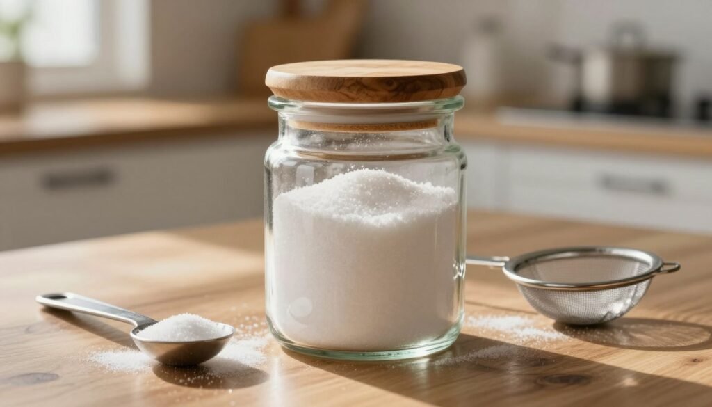 A clear glass jar filled with fine powdered sugar, with a rustic wooden lid slightly ajar, revealing the soft texture inside. The jar is placed on a polished wooden surface, surrounded by essential tools for sugar rolling, including a small, elegant measuring spoon and a delicate sifter. Soft, natural light streams in from a nearby window, casting gentle shadows and highlighting the fine details of the jar and surrounding items. The background features a blurred kitchen setting with warm tones, creating a cozy, inviting atmosphere. The focus is on the jar and tools, showcasing precision and care in preparation, perfect for a professional setting.