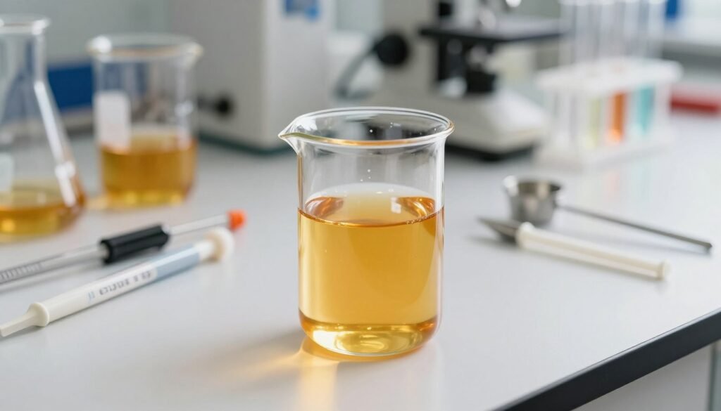 A clear, scientific depiction of a glucose fructose solution in a laboratory setting. In the foreground, a glass beaker filled with a vivid, translucent golden liquid representing glucose fructose solution, with gentle reflections of light. In the middle, a bright, white laboratory countertop with pipettes and measuring spoons scattered around, highlighting precision in measurement. In the background, softly blurred laboratory equipment like beakers and test tubes, illuminated by warm, diffused light to create a calm yet focused atmosphere. The camera angle is slightly above eye level, offering a clear view of the beaker and surrounding tools, suggesting meticulous exploration in the science behind honey granulation and fermentation. The overall mood is professional, organized, and inviting for scientific inquiry. A clear, scientific depiction of a glucose fructose solution in a laboratory setting. In the foreground, a glass beaker filled with a vivid, translucent golden liquid representing glucose fructose solution, with gentle reflections of light. In the middle, a bright, white laboratory countertop with pipettes and measuring spoons scattered around, highlighting precision in measurement. In the background, softly blurred laboratory equipment like beakers and test tubes, illuminated by warm, diffused light to create a calm yet focused atmosphere. The camera angle is slightly above eye level, offering a clear view of the beaker and surrounding tools, suggesting meticulous exploration in the science behind honey granulation and fermentation. The overall mood is professional, organized, and inviting for scientific inquiry.