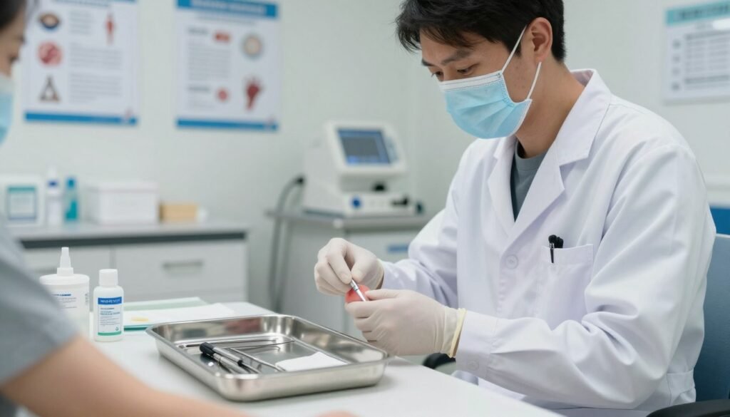 A clinical infection signs extraction site, showcasing a clean, well-lit medical environment. In the foreground, a professional wearing a white lab coat, gloves, and a surgical mask examines a patient’s skin with a focus on small red spots and swelling, indicative of infection. The middle ground features sterile medical tools arranged neatly on a stainless steel tray, with a subtle hint of antiseptic wipes and gauze. The background displays a softly lit examination room with medical charts, informational posters on infection signs, and observational equipment. The atmosphere is serious and focused, utilizing soft overhead lighting that highlights the details of the area while maintaining a sterile ambiance suitable for a medical setting. A clinical infection signs extraction site, showcasing a clean, well-lit medical environment. In the foreground, a professional wearing a white lab coat, gloves, and a surgical mask examines a patient’s skin with a focus on small red spots and swelling, indicative of infection. The middle ground features sterile medical tools arranged neatly on a stainless steel tray, with a subtle hint of antiseptic wipes and gauze. The background displays a softly lit examination room with medical charts, informational posters on infection signs, and observational equipment. The atmosphere is serious and focused, utilizing soft overhead lighting that highlights the details of the area while maintaining a sterile ambiance suitable for a medical setting.