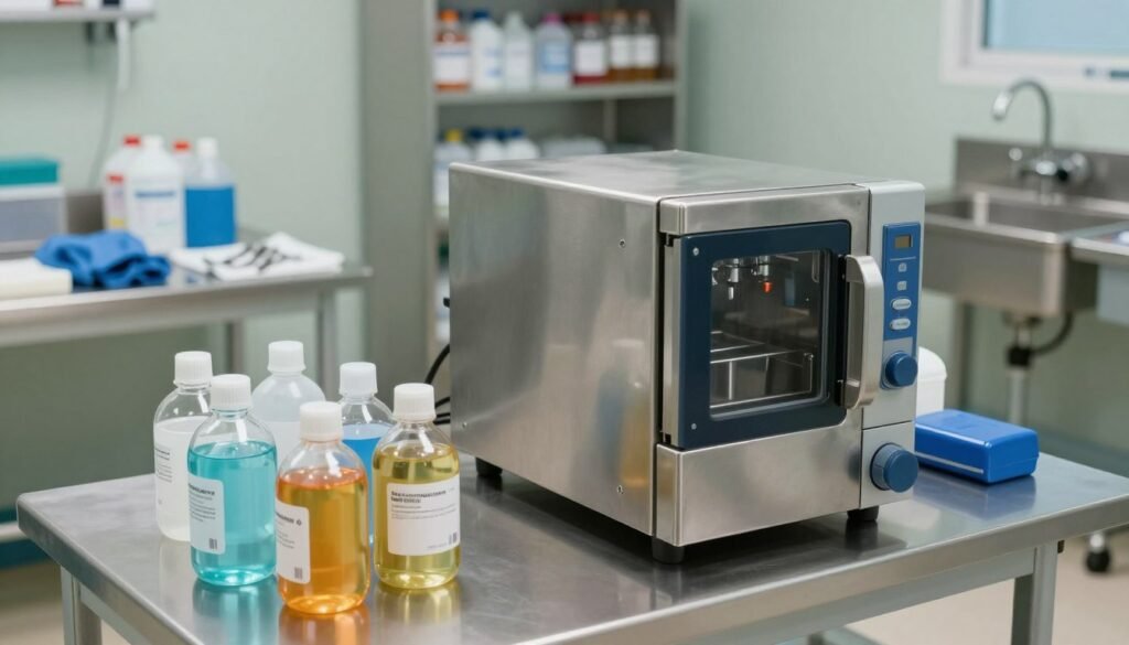 A clinical setting featuring advanced chemical sterilization equipment prominently in the foreground, including an array of glass bottles containing colored sterilants, a stainless steel autoclave, and sterilization indicators. In the middle ground, there are work surfaces with neatly organized tools and protective gear, enhancing the sterile environment. The background showcases shelves filled with neatly labeled chemical containers and an industrial sink, emphasizing cleanliness and safety. Soft overhead lighting illuminates the scene, casting gentle shadows that enhance the three-dimensionality of the equipment. The atmosphere is professional and sterile, evoking a sense of safety and efficiency in handling contaminated items. The angle captures a slightly elevated view, adding depth and focus to the sterilization procedures.