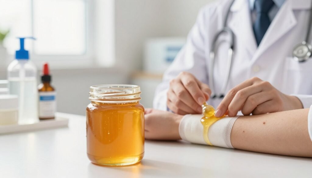 A clinical setting focused on wound care featuring a jar of manuka honey placed prominently in the foreground. The honey's rich, golden hue contrasts against a clean, sterile environment, emphasizing its medicinal qualities. In the middle ground, a healthcare professional, dressed in professional business attire, is gently applying the honey to a bandaged wound on a patient's arm, showcasing a careful and compassionate approach to treatment. The background is softly blurred, depicting medical supplies and sanitizing equipment in a bright, well-lit room, enhancing the clinical atmosphere. Warm, natural light filters through a window, creating an inviting yet professional mood that underscores the significance of honey in wound healing. A clinical setting focused on wound care featuring a jar of manuka honey placed prominently in the foreground. The honey's rich, golden hue contrasts against a clean, sterile environment, emphasizing its medicinal qualities. In the middle ground, a healthcare professional, dressed in professional business attire, is gently applying the honey to a bandaged wound on a patient's arm, showcasing a careful and compassionate approach to treatment. The background is softly blurred, depicting medical supplies and sanitizing equipment in a bright, well-lit room, enhancing the clinical atmosphere. Warm, natural light filters through a window, creating an inviting yet professional mood that underscores the significance of honey in wound healing.