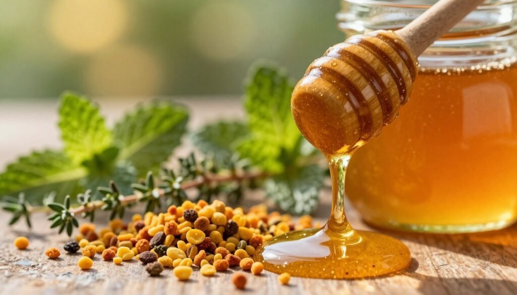 A close-up arrangement of honey in a glass jar, surrounded by vibrant natural elements symbolizing antioxidants and enzymes. In the foreground, glistening honey drips from a wooden dipper, reflecting light in warm amber tones. The middle section features delicate bee pollen grains and fresh herbs, like thyme and mint, enhancing the nutritional theme. In the background, soft-focus greenery and subtle golden light create a serene, inviting atmosphere. Natural sunlight streams in, casting gentle shadows, while a macro lens captures the intricate details of honey's texture. The overall mood is wholesome and health-focused, emphasizing the quality of honey and its beneficial properties without any distractions or text overlays.