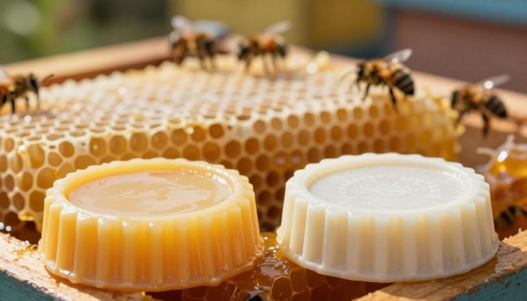 A close-up comparison image showcasing the differences between cappings wax and brood comb wax. In the foreground, display two distinct pieces of wax side by side; the cappings wax should appear golden and smooth, while the brood comb wax reveals a more textured, off-white appearance. The middle ground features a honeycomb structure that highlights the context of both wax types, with honey glistening around the cappings. In the background, a soft-focus of a beehive can be seen, with bees gently working, creating a dynamic, lively atmosphere. The lighting is warm and natural, simulating sunlight filtering through the hive. The angle captures both wax types at a slight tilt to emphasize their contrasting textures and colors. The overall mood is informative and engaging, ideal for a detailed examination of the subject. A close-up comparison image showcasing the differences between cappings wax and brood comb wax. In the foreground, display two distinct pieces of wax side by side; the cappings wax should appear golden and smooth, while the brood comb wax reveals a more textured, off-white appearance. The middle ground features a honeycomb structure that highlights the context of both wax types, with honey glistening around the cappings. In the background, a soft-focus of a beehive can be seen, with bees gently working, creating a dynamic, lively atmosphere. The lighting is warm and natural, simulating sunlight filtering through the hive. The angle captures both wax types at a slight tilt to emphasize their contrasting textures and colors. The overall mood is informative and engaging, ideal for a detailed examination of the subject.