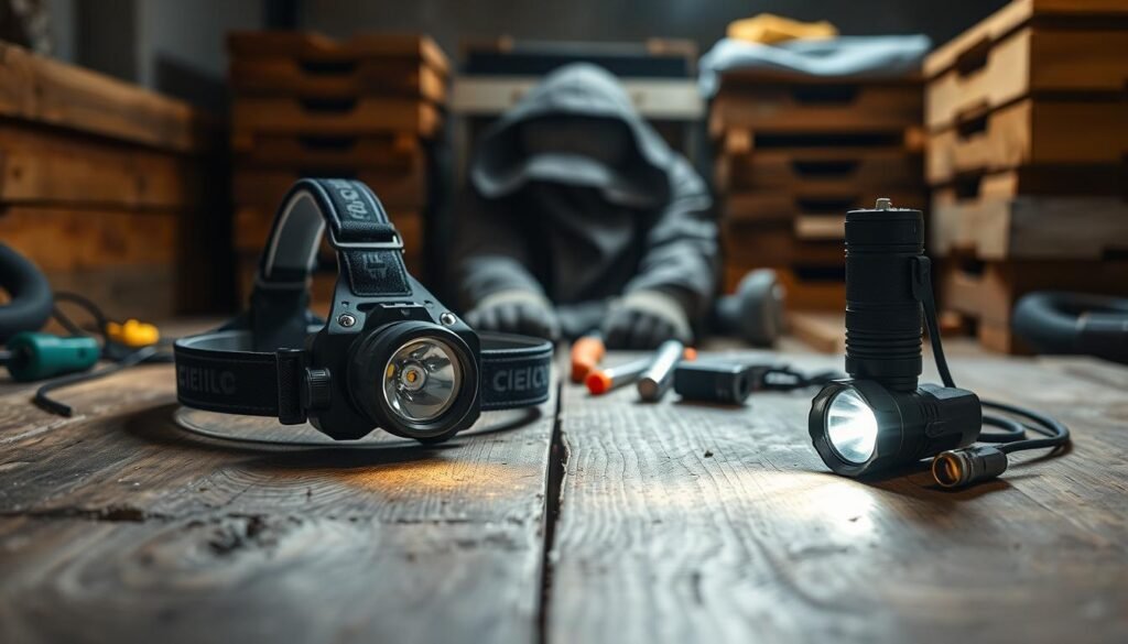 A close-up comparison of a high-quality headlamp and a handheld flashlight on a rustic wooden table. In the foreground, place the headlamp on the left, showcasing its adjustable beam and bright LED lights, while the handheld flashlight sits on the right, emphasizing its compact design. The middle ground features a few scattered tools and a beekeeping suit, suggesting a low-light hive inspection setting. In the background, softly illuminated by dim, warm light, hint at a stacked hive setup. The scene should convey a practical and professional atmosphere, highlighting the functionality and brightness of both lighting options. Use a shallow depth of field to draw focus to the headlamp and flashlight, creating an engaging visual contrast.