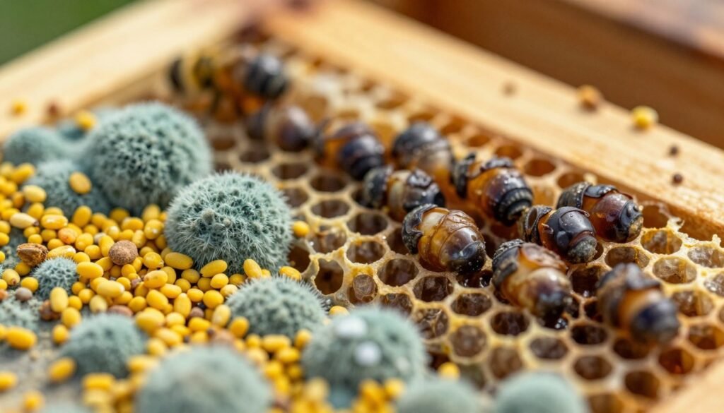 A close-up comparison of moldy pollen and diseased brood within a beehive. In the foreground, on the left, display clumps of brightly colored, moldy pollen—textured with a fuzzy, greenish-blue mold, illustrating its decayed state. On the right, show wax cells of diseased brood—dark, sunken larvae with a discolored, greasy appearance, surrounded by healthy brood for contrast. In the middle ground, include natural honeycomb structures, emphasizing the bee colony environment. The background should be softly blurred, hinting at a warm, sunlit hive atmosphere. Utilize soft, natural lighting to highlight the textures, and shoot from a slight angle to create depth. The mood should be educational and informative, focusing on clarity and detail for easy recognition of the two conditions.