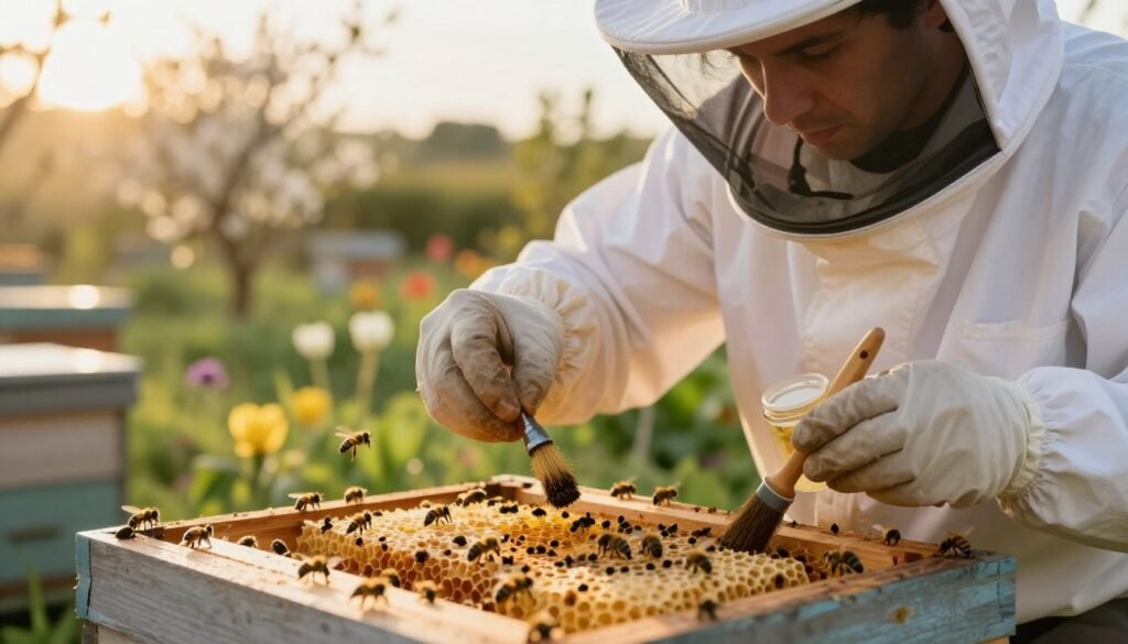 A close-up composition of a beekeeper in a white protective suit, carefully collecting a bee sample from a wooden hive with a gentle, focused expression. In the foreground, bees are captured in motion, exhibiting their natural behavior. The middle ground features the hive, detailed with wooden texture and honeycomb cells visible. The background shows a blurred garden scene, with blooming flowers and soft greenery under warm, golden hour sunlight, creating a serene atmosphere. The lighting highlights the beekeeper's tools, like a sampling jar and a small brush, showcasing their importance in the sampling process. The overall mood conveys diligence and care in sustainable beekeeping practices.